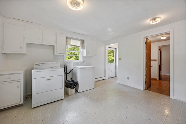 205 Allentown Rd, Plymouth, CT 06786 - laundry room featuring washer and clothes dryer, cabinet space, a baseboard radiator, light floors, and baseboards
