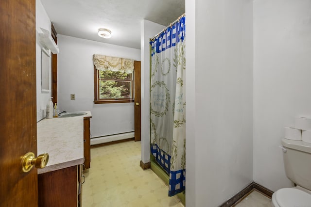 205 Allentown Rd, Plymouth, CT 06786 - bathroom featuring a baseboard heating unit, toilet, vanity, tile patterned floors, and baseboards