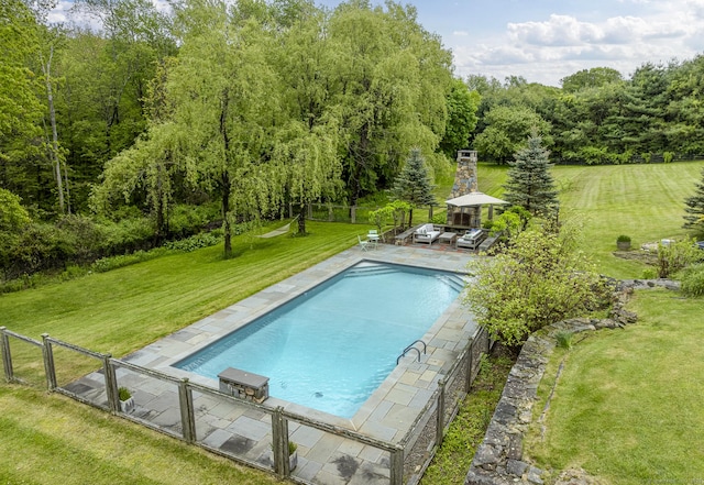 168 Fern Ave, Litchfield, CT 06759 - swimming pool featuring a gazebo, a forest view, and a patio