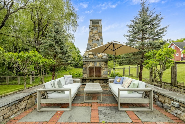 168 Fern Ave, Litchfield, CT 06759 - view of patio / terrace with an outdoor living space with a fireplace