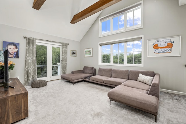 168 Fern Ave, Litchfield, CT 06759 - living room with high vaulted ceiling, carpet flooring, beam ceiling, and healthy amount of natural light