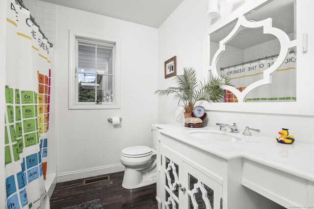 168 Fern Ave, Litchfield, CT 06759 - bathroom with vanity, wood finished floors, toilet, a shower with shower curtain, and baseboards