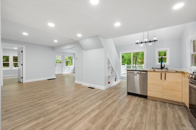 19 Old Acres Rd, East Haddam, CT 06469 - kitchen featuring stainless steel appliances, light brown cabinetry, a sink, baseboards, and open floor plan