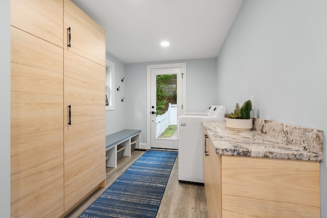 19 Old Acres Rd, East Haddam, CT 06469 - mudroom with light wood-style flooring, washing machine and clothes dryer, and recessed lighting