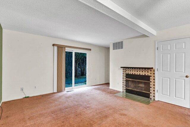 489 Wolcott St Apt 42, Bristol, CT 06010 - unfurnished living room featuring carpet floors, a fireplace, a textured ceiling, and baseboards