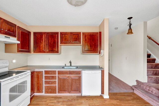 489 Wolcott St Apt 42, Bristol, CT 06010 - kitchen featuring white appliances, under cabinet range hood, a sink, light wood-style floors, and hanging light fixtures