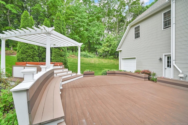5 Jonathan Dr, Ellington, CT 06029 - wooden deck featuring a pergola, a lawn, and a garage