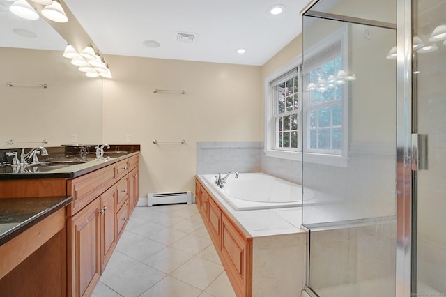5 Jonathan Dr, Ellington, CT 06029 - bathroom featuring baseboard heating, double vanity, a bath, tile patterned flooring, and a shower with door