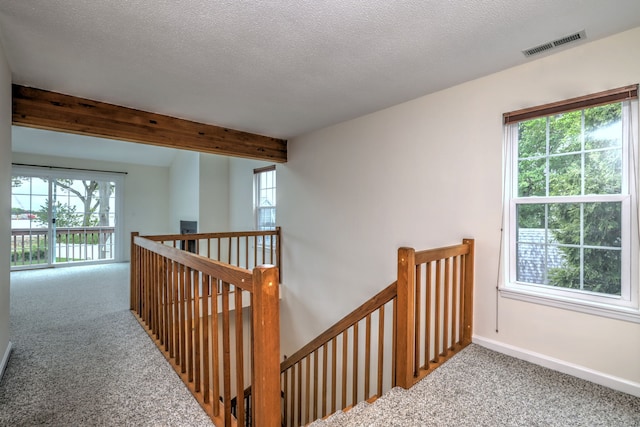 107 Ferry Ct Unit 107, Stratford, CT 06615 - hallway with an upstairs landing, carpet flooring, plenty of natural light, a textured ceiling, and beam ceiling