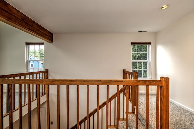107 Ferry Ct Unit 107, Stratford, CT 06615 - hallway with an upstairs landing, carpet flooring, baseboards, recessed lighting, and beamed ceiling