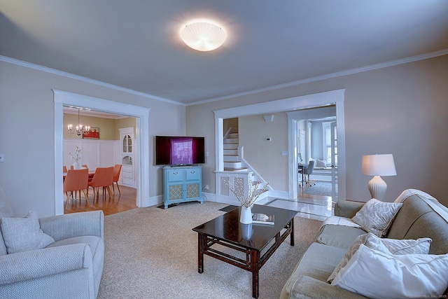 59 Golf St, Newington, CT 06111 - living area with a chandelier, carpet floors, stairs, ornamental molding, and baseboards