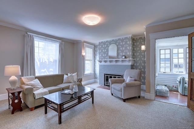 59 Golf St, Newington, CT 06111 - living room with ornamental molding, baseboards, light carpet, and a fireplace