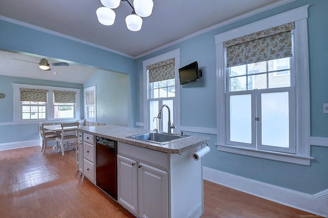 59 Golf St, Newington, CT 06111 - kitchen with dishwasher, a sink, a chandelier, white cabinetry, and wood finished floors