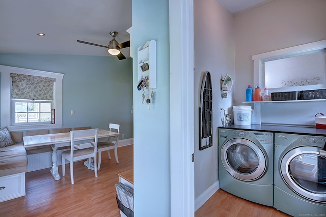 59 Golf St, Newington, CT 06111 - laundry area featuring separate washer and dryer, ceiling fan, wood finished floors, and baseboards