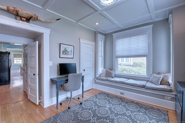 59 Golf St, Newington, CT 06111 - office space featuring light wood-style flooring, baseboards, coffered ceiling, and beam ceiling