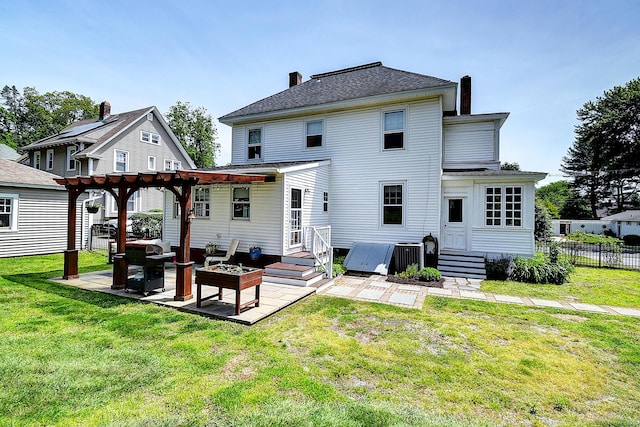 59 Golf St, Newington, CT 06111 - back of house featuring a patio area, a pergola, a chimney, and entry steps
