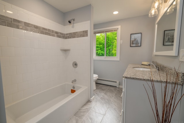 62 Wheeler Hill Dr, Durham, CT 06422 - bathroom featuring a baseboard radiator, vanity, toilet, marble finish floors, and shower / tub combination
