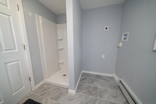 62 Wheeler Hill Dr, Durham, CT 06422 - full bath with a baseboard heating unit, a stall shower, baseboards, and marble finish floors