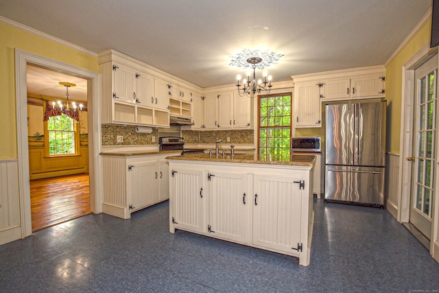 440 Mapleton Ave, Suffield, CT 06078 - kitchen featuring stainless steel appliances, a chandelier, under cabinet range hood, healthy amount of natural light, and ornamental molding