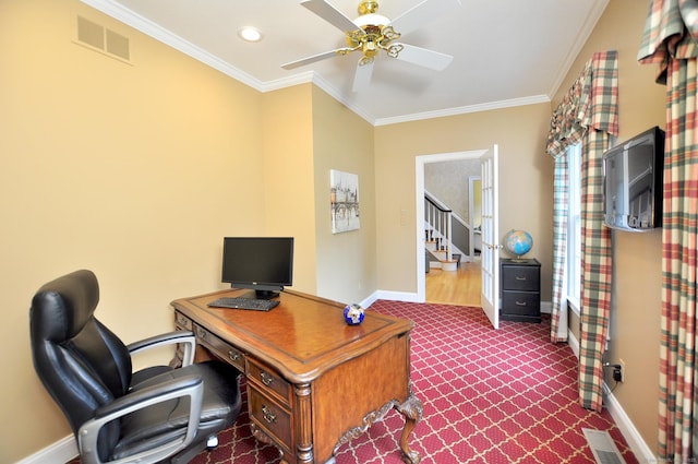 151 Oakridge, Farmington, CT 06085 - home office featuring ornamental molding, a ceiling fan, dark colored carpet, and recessed lighting