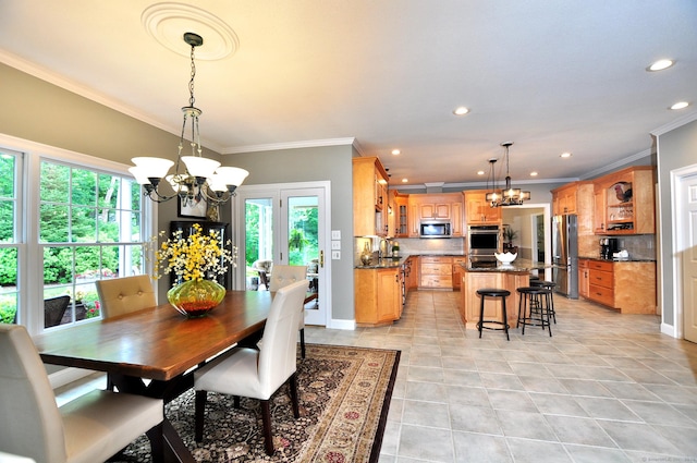 151 Oakridge, Farmington, CT 06085 - dining area featuring a chandelier, ornamental molding, recessed lighting, and light tile patterned flooring
