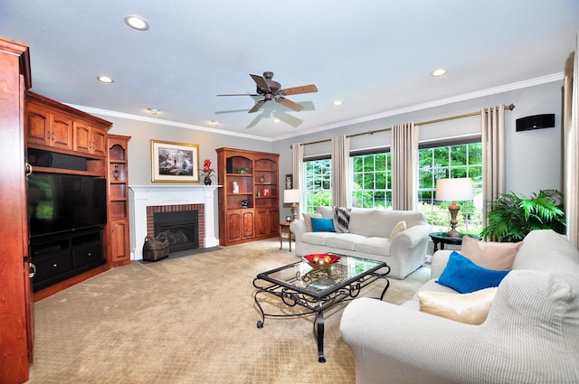 151 Oakridge, Farmington, CT 06085 - living area with a ceiling fan, recessed lighting, ornamental molding, a brick fireplace, and light carpet