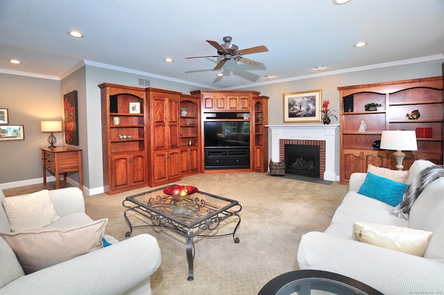 151 Oakridge, Farmington, CT 06085 - living area with recessed lighting, ceiling fan, light colored carpet, a brick fireplace, and crown molding