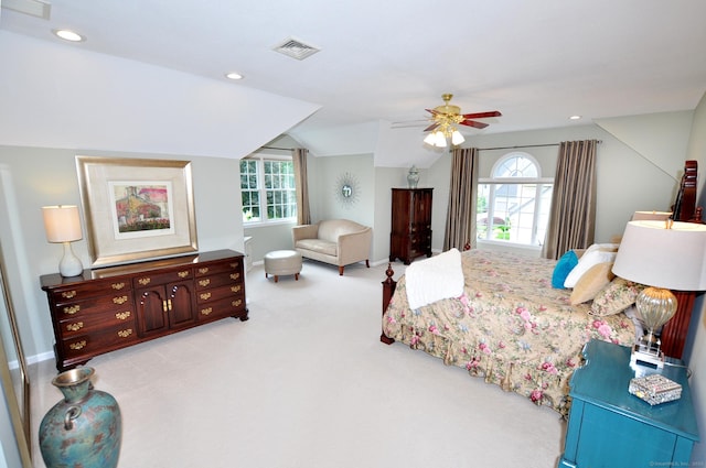 151 Oakridge, Farmington, CT 06085 - bedroom with light carpet, recessed lighting, ceiling fan, and vaulted ceiling