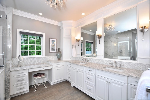 151 Oakridge, Farmington, CT 06085 - full bathroom featuring crown molding, a marble finish shower, double vanity, backsplash, and wood finished floors