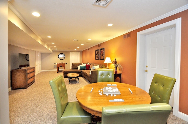 151 Oakridge, Farmington, CT 06085 - dining area featuring recessed lighting, light carpet, and ornamental molding