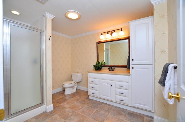 151 Oakridge, Farmington, CT 06085 - bathroom with vanity, a shower stall, crown molding, and wallpapered walls