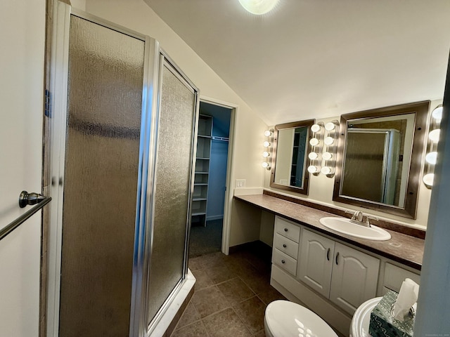 102 Beard Dr Unit 102, New Milford, CT 06776 - full bath featuring vaulted ceiling, a stall shower, tile patterned floors, vanity, and toilet