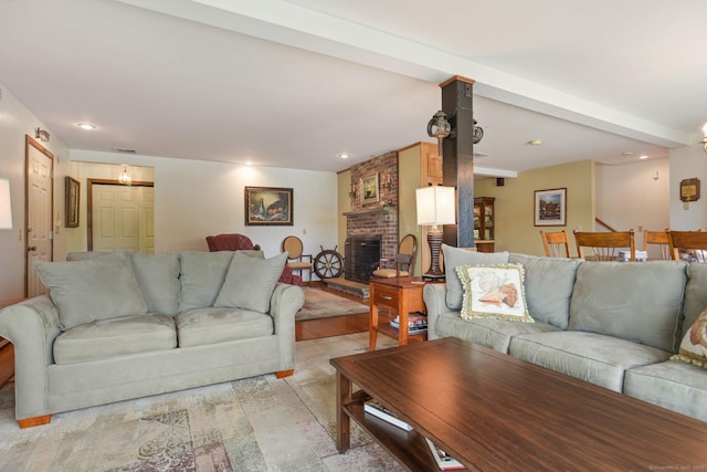 40 Holmes St, Stonington, CT 06355 - living area with a brick fireplace, light wood-style flooring, and recessed lighting