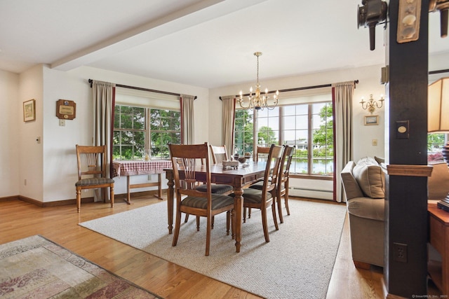 40 Holmes St, Stonington, CT 06355 - dining room with a chandelier, a baseboard radiator, light wood-style flooring, and baseboards