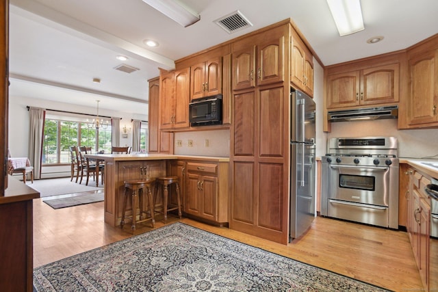 40 Holmes St, Stonington, CT 06355 - kitchen with appliances with stainless steel finishes, under cabinet range hood, light wood-style flooring, brown cabinetry, and a peninsula