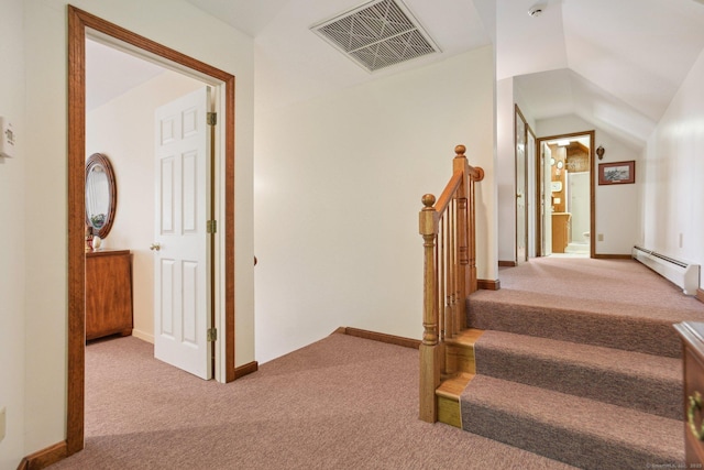 40 Holmes St, Stonington, CT 06355 - stairway featuring a baseboard radiator, carpet flooring, lofted ceiling, and baseboards