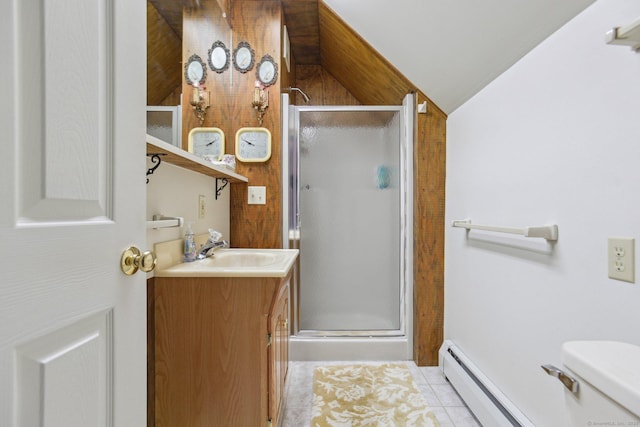 40 Holmes St, Stonington, CT 06355 - full bathroom featuring lofted ceiling, vanity, a stall shower, tile patterned flooring, and a baseboard heating unit