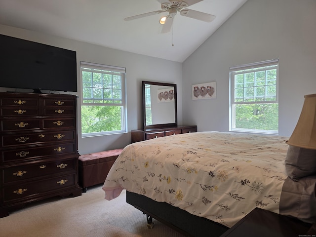 141 Grove St, Shelton, CT 06484 - bedroom with multiple windows, light colored carpet, high vaulted ceiling, and ceiling fan