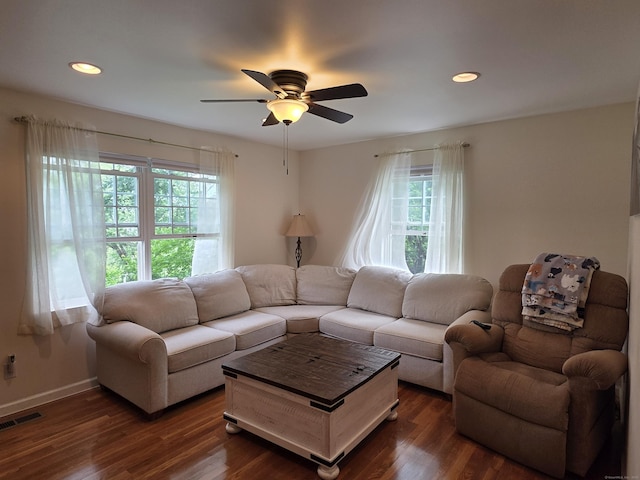 141 Grove St, Shelton, CT 06484 - living room featuring healthy amount of natural light, ceiling fan, dark wood-style flooring, and recessed lighting