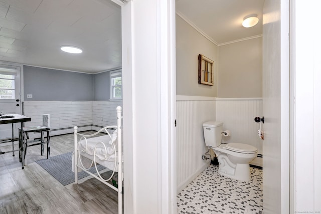 1690 Hartford Tpke, North Haven, CT 06473 - bathroom with baseboard heating, a wainscoted wall, toilet, healthy amount of natural light, and ornamental molding