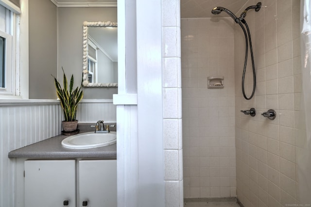1690 Hartford Tpke, North Haven, CT 06473 - bathroom with tiled shower, vanity, and wainscoting