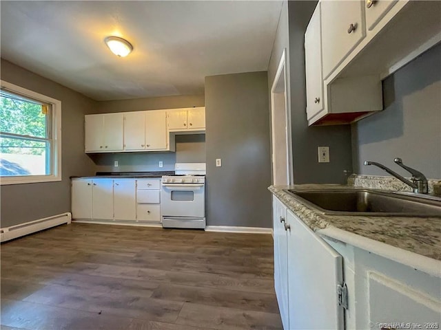 158 Martin St, Hartford, CT 06120 - kitchen featuring white gas range oven, a sink, a baseboard radiator, baseboards, and dark wood-style flooring