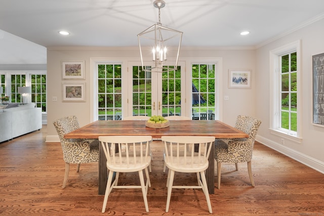 104 Cheesespring Rd, Wilton, CT 06897 - dining area with baseboards, crown molding, a chandelier, wood finished floors, and recessed lighting