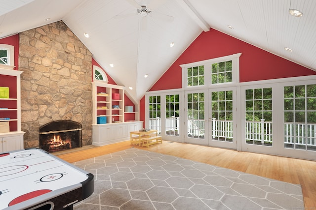 104 Cheesespring Rd, Wilton, CT 06897 - rec room featuring wood finished floors, ceiling fan, healthy amount of natural light, high vaulted ceiling, and recessed lighting