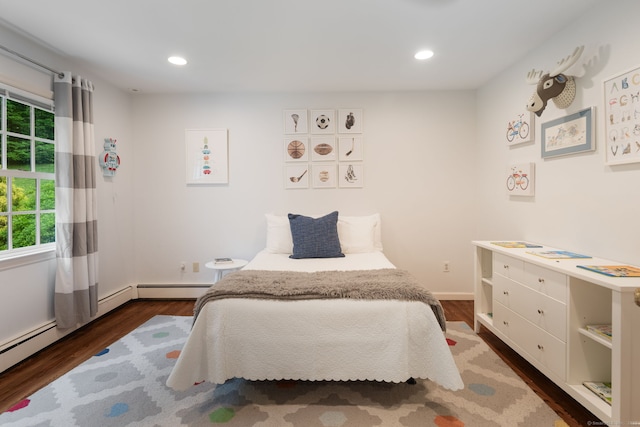 104 Cheesespring Rd, Wilton, CT 06897 - bedroom with multiple windows, dark wood finished floors, recessed lighting, baseboards, and a baseboard heating unit