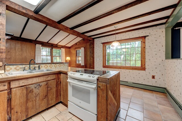 216 Belleview Ave, Southington, CT 06489 - kitchen with white range with electric stovetop, a sink, brown cabinetry, a peninsula, and baseboard heating