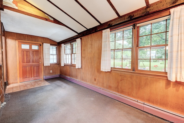 216 Belleview Ave, Southington, CT 06489 - carpeted entryway featuring vaulted ceiling, a baseboard radiator, and wood walls