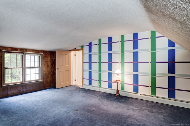 216 Belleview Ave, Southington, CT 06489 - unfurnished living room featuring vaulted ceiling, a textured ceiling, carpet, and a baseboard radiator