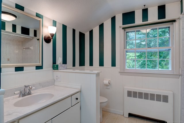 216 Belleview Ave, Southington, CT 06489 - full bathroom with radiator, wallpapered walls, toilet, vanity, and a shower