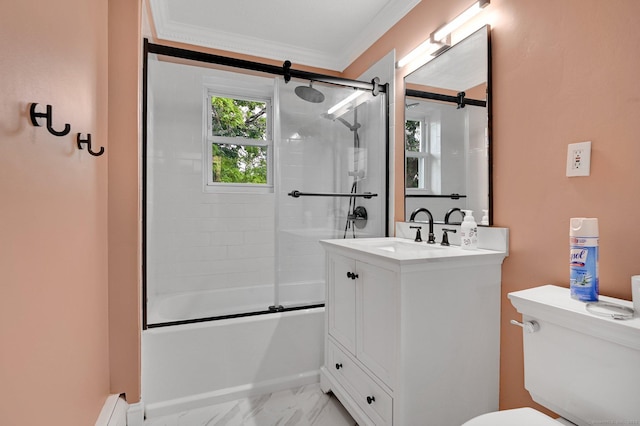 71 Mountain Laurel Dr Unit 71, Wethersfield, CT 06109 - bathroom with ornamental molding, toilet, combined bath / shower with glass door, vanity, and marble look tiles